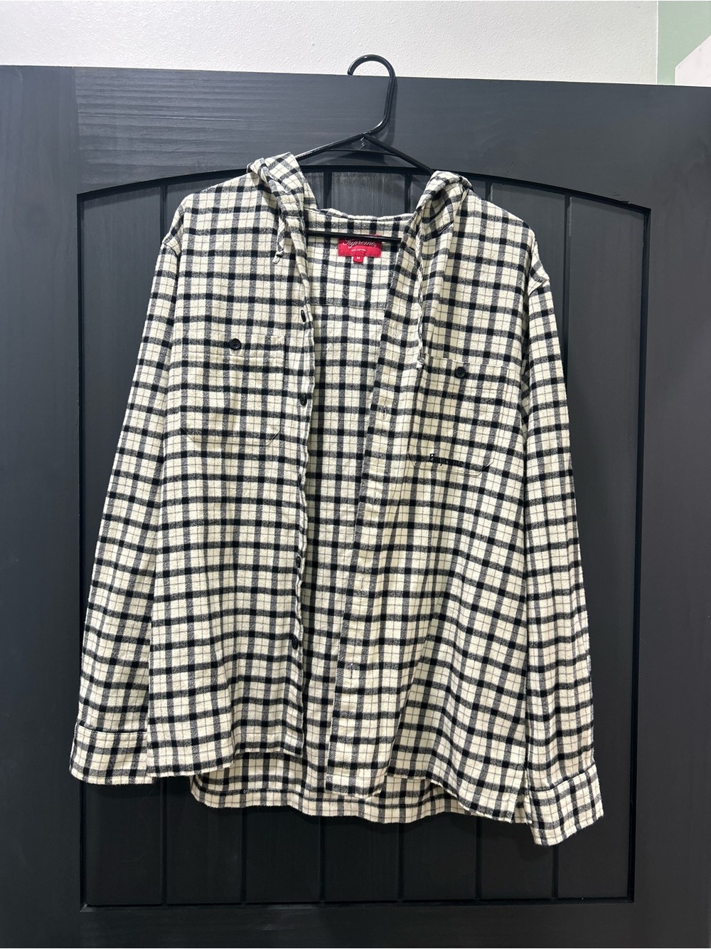 Supreme Black and Cream Plaid Hooded Flannel